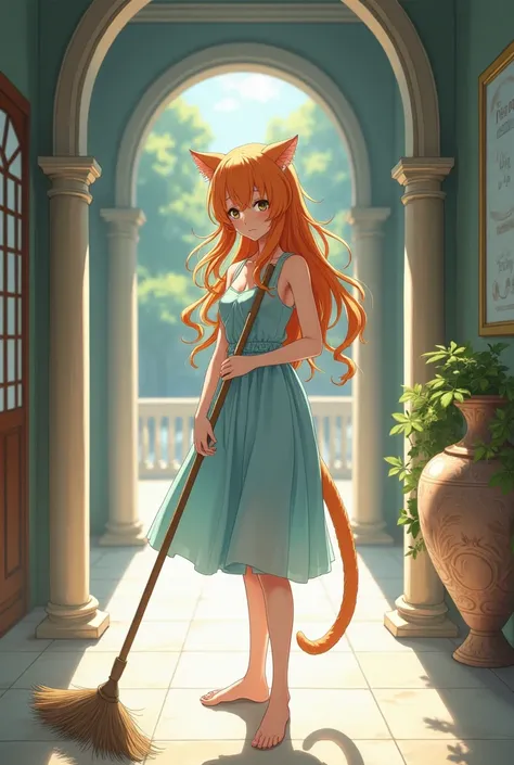 Anime, a girl about 25 years old, with fair skin, long orange hair, with cat ears, with a cat tail, in a blue sundress, barefoot, sad, looking at the floor, sweeping the floors with a broom, next to a large vase, in the corridor of the palace.
