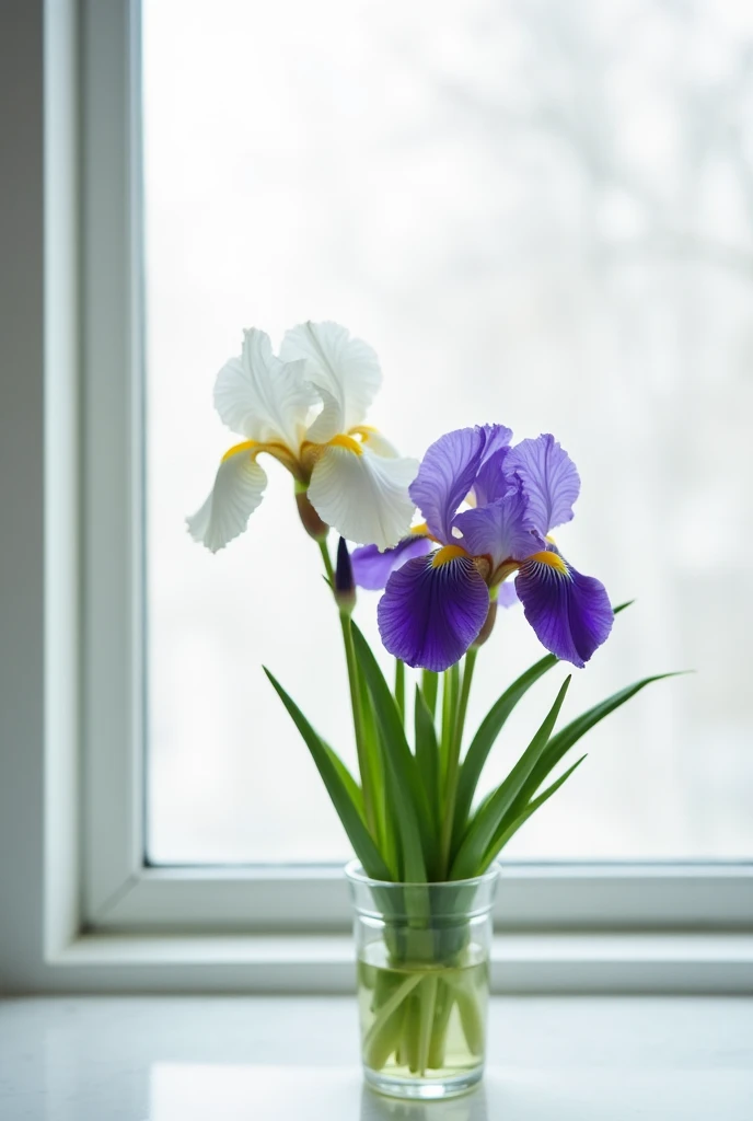 That the lily-violet flowers are two kinds of flowers: an irises that are like white and the violet that are purple are on a table showing the window with a white top, the white wall without structure, simulating a hospital.