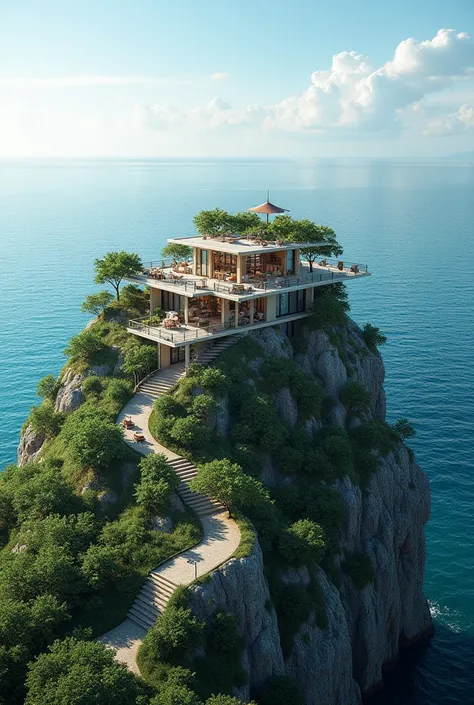 Un restaurant tout en haut d'une colline au milieu de la mer