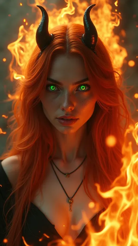 redhead woman, yeux verts avec des cornes de démon et des flammes autour d'elle