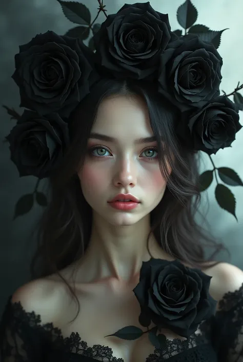 Beautiful girl with black roses