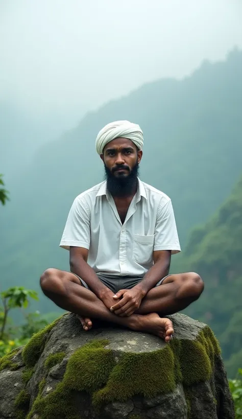 (Masterpeace,  High quality,  random background,  realistic photo,   photography ),  Indonesian man ,  35 years old , wearing a white turban ,  wearing a white shirt ,sitting cross-legged , sits on a mountaintop cliff,misty shades , green mossy rock 