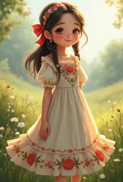  Can you make a picture ,  about a peasant girl , pleated ,  in a dress embroidered with flowers,  in a long skirt ,  in her hair with a ribbon ,  low , 12- happy 