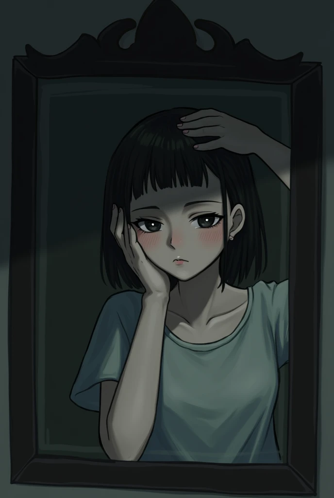 The girl looking at herself in the mirror, with her hand over her head, looks at herself with half of her eyes 
It's a little dark around