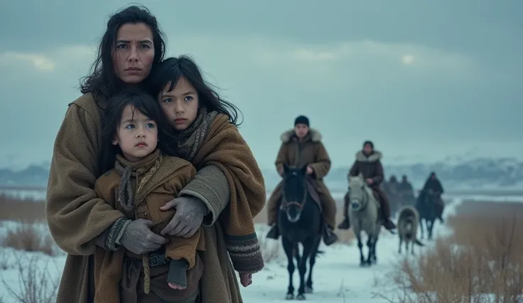 "A cold and desolate Mongolian wilderness stretches endlessly. A grieving widow, dressed in tattered Mongol robes, holds a small, frail boy—Temüjin—whose eyes are filled with sorrow yet determination. Beside them, a few younger siblings cling to each other...