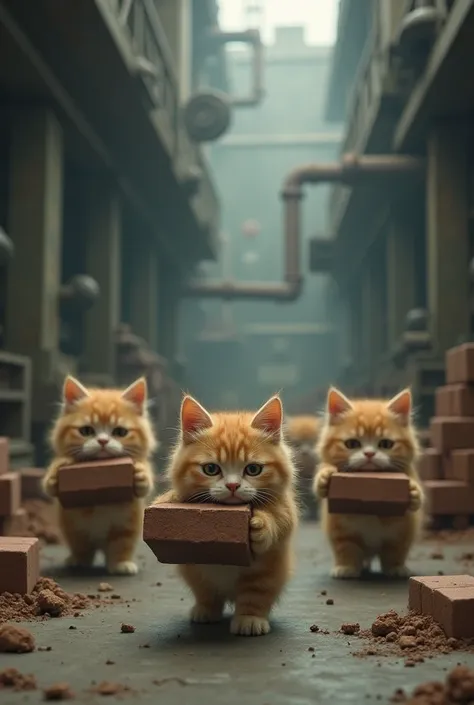 Cute cats carrying bricks in a factory with a sad face