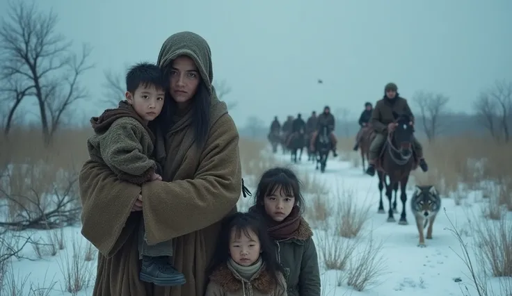 "A cold and desolate Mongolian wilderness stretches endlessly. A grieving widow, dressed in tattered Mongol robes, holds a small, frail boy—Temüjin—whose eyes are filled with sorrow yet determination. Beside them, a few younger siblings cling to each other...