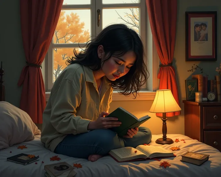 
“Create a realistic and emotionally powerful illustration that captures the essence of grief, love, and healing. The scene should depict a young adult sitting alone in their hood bedroom, surrounded by nostalgic items like old books, a notebook with handw...