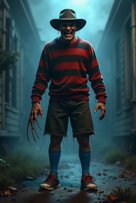 Create an image of Freddy Krueger with blue socks and running shoes 