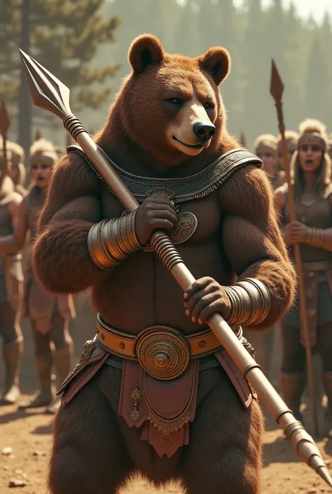 A hyper-realistic cinematic image of an anthropomorphic bear named Viktor, clad in ancient-style athletic gear, preparing to throw a massive, ornate javelin. His powerful stance, the tension in his muscles, and the intensity in his eyes capture the moment ...