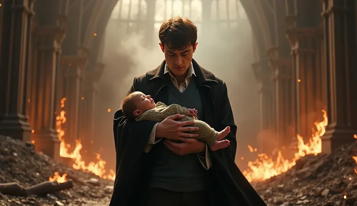 Harry Potter holding his baby  and ready for war with magic stick in Hogwarts, fire ash everywhere. 