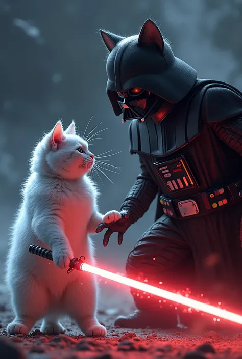 Jedai cat with light sabre against Dart Veider cat 