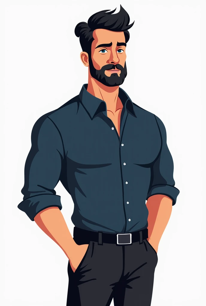 A 46 year old man, strong, slightly inclined, with his hand in his pocket, with a dark blue blouse and black pants, like a more realistic drawing, a cartoon person, for a designer, he has black hair and blue eyes and little beard