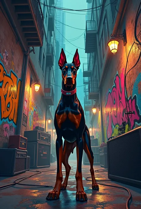 Crie pra mim uma imagem underground música com um doberman e arte de rua