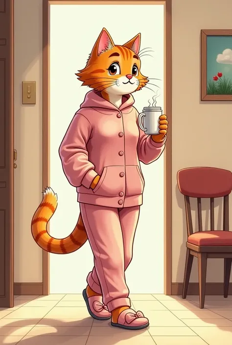 A female cartoon  cat (30 years old) is wearing a pyjama and slippers and holdibg in her right hand a mug og hot coffee . She is walking in the hall. There is a chair in the hall and paintings on the wall. The lines of the drawing are clear and black.  A r...