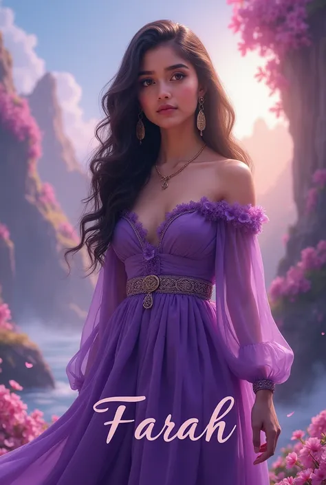 "A high-quality 4K portrait of a young woman named Farah. She is standing in a beautiful, dreamy background with stunning details. The background should be breathtaking, perhaps with a magical or serene landscape. The woman is wearing a purple dress that c...