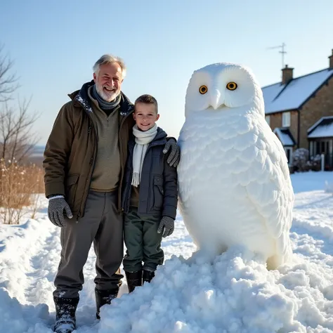 Positive view, sunny, winter countryside, an elderly British man and a young boy standing side by side on top of the snow-covered peaks, with proud smiles on their faces, the young boy is wearing a white scarf, their hands are covered in snow, and there is...