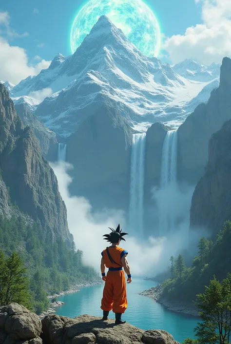 Goku doing the genkidama on the mountain with waterfalls, water and trees around 