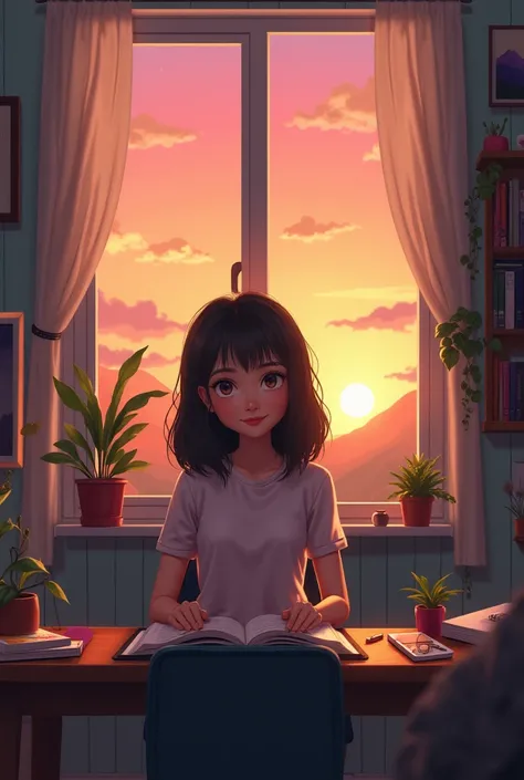 

**Scene:**
A woman with big bright eyes and a small smile,  is sitting on a desk in a tidy room . The woman has some small books open around her,  as if you were studying . on the wall,  you can see a bookcase with well-organized books and some small det...