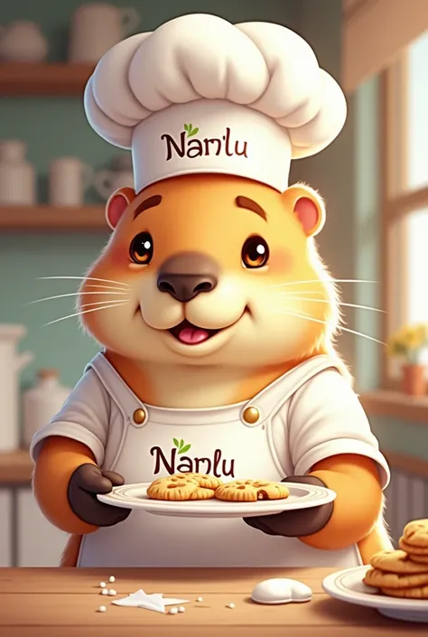 Drawing of capybara wearing a pastry chef's hat eating cookies, It can also be offering cookies. Place a logo on your apron and hat, Say NanLu in lilac and green
