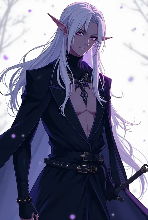 Create anime-style art combining the silhouette of a dark elf wizard Archifea on a white background with a night forest filled with fireflies in high quality (8K Ultra HD). The background should be monochrome, with clear lines and sharp focus. The composit...