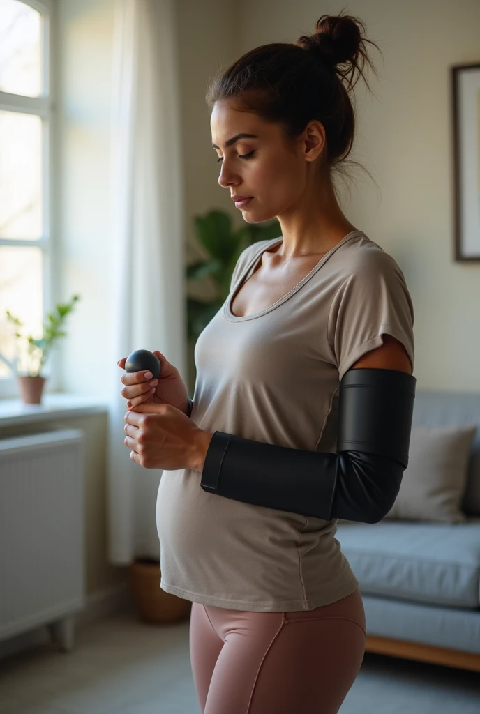  a brown-skinned young woman , with tied hair and focused expression ,  does a physical therapy session at home ,  recovering from an arm fracture . She wears gym clothes that cover her belly, like a long sleeve blouse and leggings .  Her immobilized arm i...