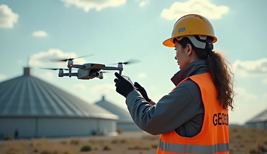 Woman in engineering: representation of an empowered woman. woman is a drone operator. She is operating drone outside and flying over gass bioreactors. Artistic shot with intersting perspective. Woman has a "GEOS3D" logo on uniform and orange vest and helm...