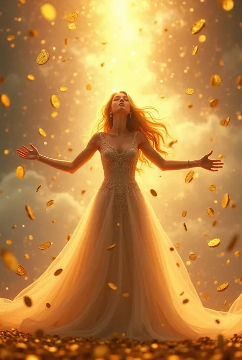 A princess with blond hair very awesome sublime watching on unreal sky and see how gold coins are falling all over her , open arms gratitude for universe