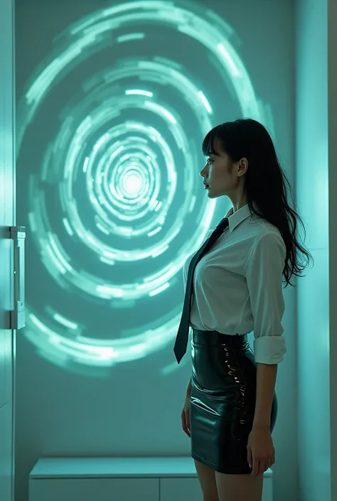 (young latex office woman) looking at (brainwashing glowing spiral screen), (white office blouse with covered nipples and latex pencil skirt:1), (@_@), (Brainwashing), (Mind Control), (Mind control screen), black tie, Mind Control, Hypnosis, brainwashing m...