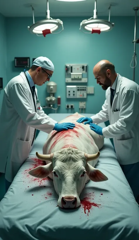 A white cow is lying on a hospital bed in a video, and several doctors are treating it. Blood is coming out of the cow's body.