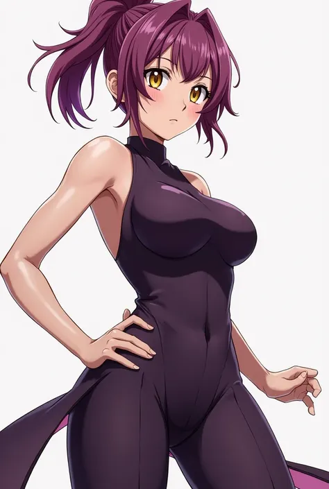 You have the anime character that has the following visual characteristics:

hair: Rosa o purple intenso con franjas negras,  picked up in a high bun .
 Outfit:  She wears a tight dark-colored dress  ( purple)  with side openings that facilitate mobility ....