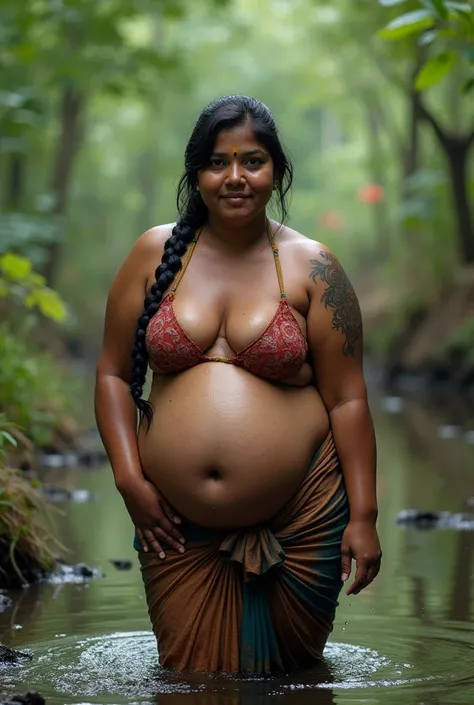 Create a hyperrealistic image of a thicc, voluptuous Indian woman, wearing a full sleeveless saree blouse flaunting her massive bosoms, ((bent over)) while washing her feet in a water stream, looking at the camera while bent over, massive mammaries, realis...