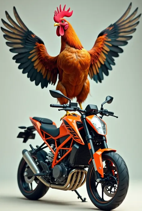 Rooster doing a little horse on a KTM motorcycle 
