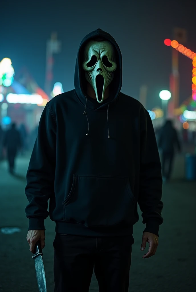 Make a realistic and scary image of a man at an amusement park at night, wearing a ghostly and creepy mask, while holding a machete in your hand,  He is all black , with sweatshirt and black pants. A imagem é bastante halloween dark.