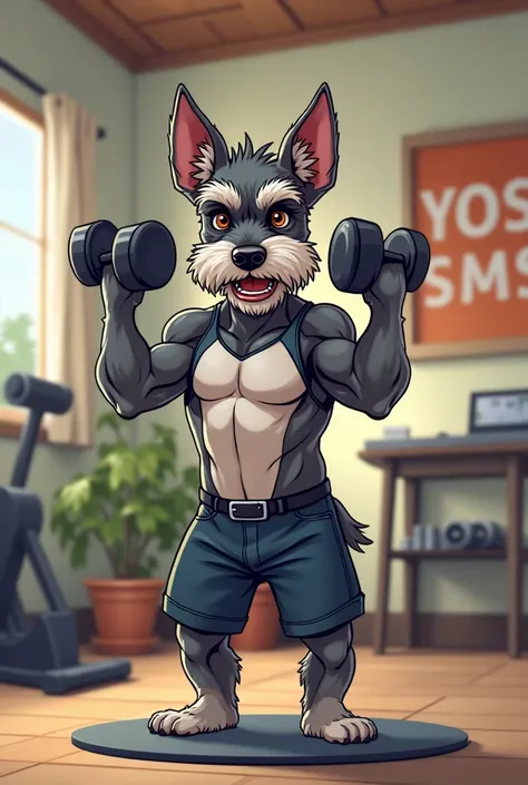 I want you to generate a clip art for me of a mini Schauzer dog that is performing bodybuilding exercises with dumbbells and that is dressed according to the situation