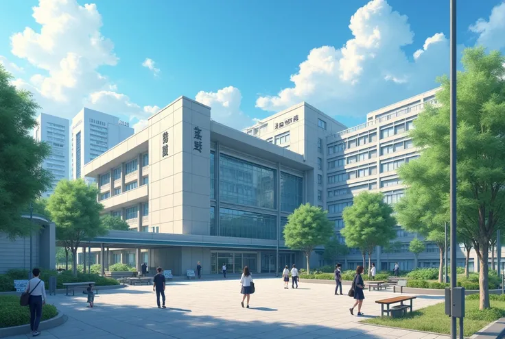 ((( Hyper realistic photography))). canon eos. A very open overview of the exterior of a Japanese high school today