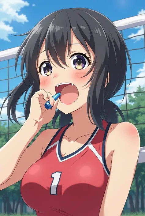 An anime girl who plays volleyball moans while a penis is inserted into her mouth