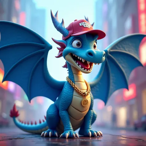 animated image of a blue winged dragon wearing a rapper cap, with a gold chain around the neck and big gold teeth