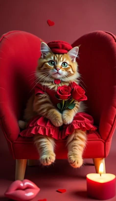 caramel fluffy cat sits in a red heart-shaped chair, wears a red valentines dress and a beret with bow and holds a bouquet of red roses in its paws, heart shaped burning tea candles on the floor background hearts and lips