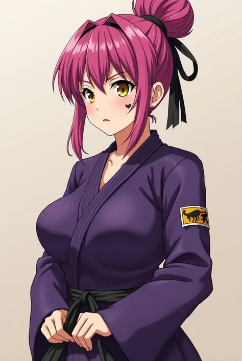  You have the anime character that has the following visual characteristics:

hair: Deep pink or purple with black stripes,  picked up in a high bun .


pose:  Gedan-barai  ( Sweep Down Guard ):

 This is not so much a guard as a defensive move,  but are c...