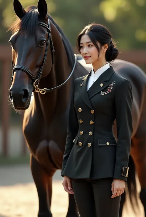 A japanese woman in a equestrian outfit standing next to a dark brown horse