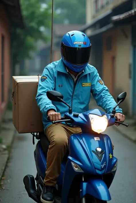 Indonesian male, 20 years old, blue open helmet with the words (OKEGAS-AE), light blue parachute jacket, brown and cream formal trousers, black sports shoes, riding a blue automatic motorbike with two courier-sized box bags big stick attached to his motorb...