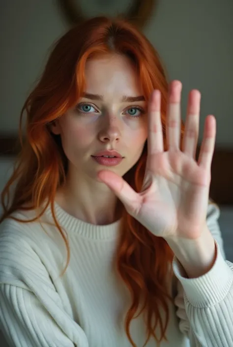  It so happens that the red-haired young woman is sitting on the bed,  with one hand raised beside your face , making a “stop” gesture ,  while your gaze is focused forward ,  as if taking the verification photo . She displays a serene expression,  with th...