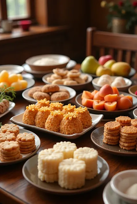 "A beautifully arranged square table set for a traditional Korean New Year (Seollal) feast. The table is filled with an assortment of authentic Korean foods, including neatly stacked rice cakes (tteok), a variety of Korean cookies (hangwa), fresh colorful ...