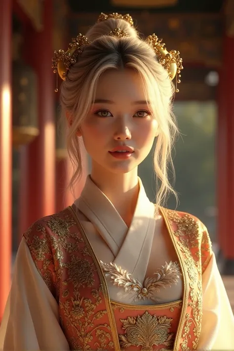 A beautiful young blonde woman in an oriental dress and a wide open shiny down vest in an oriental temple, she has a friendly face, extremely detailed face and eyes, long eyelashes, detailed lips, intricate ornate details, elegant pose, natural lighting, w...