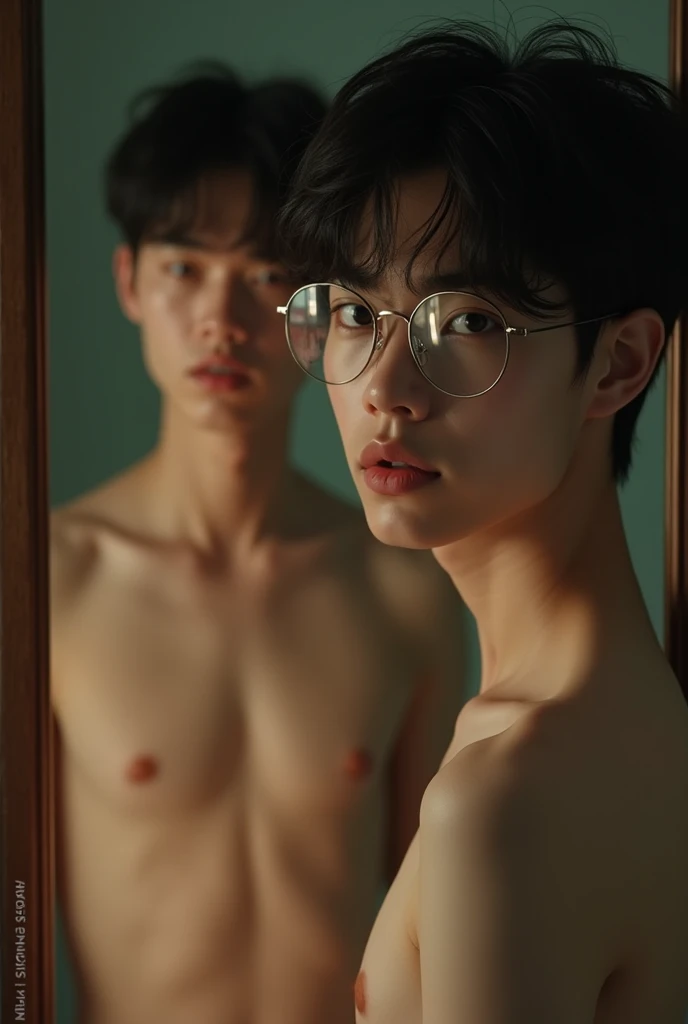 Asian college student.Split hair.wear glasses.Thin body.White skin. Naked moan body mirror. Beautiful boy.one person，