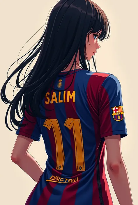 A picture from the back of a luxurious anime character wearing a Barcelona shirt and bearing the name SALIM