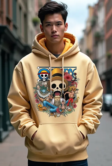 Hoodie beige avec une photo one piece au milieu 