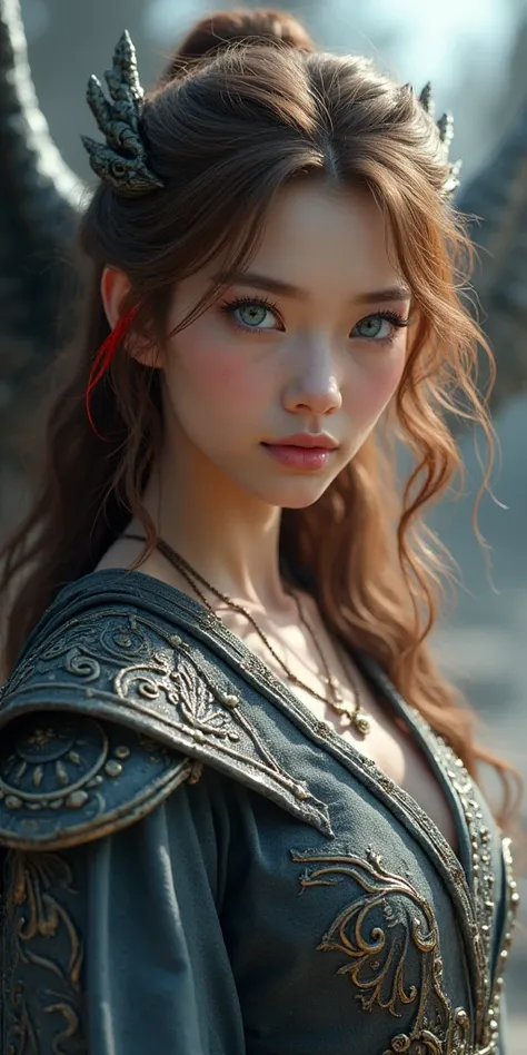 Photorealism, A beauty white-skinned princess, Medium length brown  hair with red tips. Sapphire Blue eyes, pink lips and a holy dragon behind him. Textured skins, she will have a high detail engraving ornament warrior outfit and on the chest of his outfit...