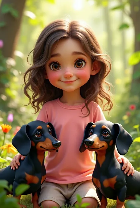 A girl with brown freckles hair wearing a pink t-shirt and two black dachshunds 